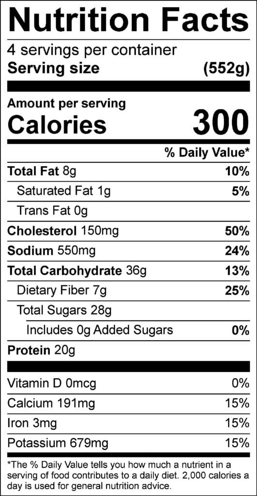 Grilled Adobo Shrimp Salad Nutrition Facts. Text as follows: 4 servings per container, serving size 552 grams. Each serving contains 300 calories; Total Fat 8g (10% DV); Saturated Fat 1g (5% DV); Trans Fat 0g; Cholesterol 150mg (50% DV); Sodium 550mg (24% DV); Total Carbohydrate 36g (13% DV); Dietary Fiber 7g (25% DV); Total Sugars 28g (Includes 0g Added Sugars, 0% DV); Protein 20g; Vitamin D 0mcg (0% DV); Calcium 191mg (15% DV); Iron 3mg (15% DV); Potassium 679mg (15% DV).